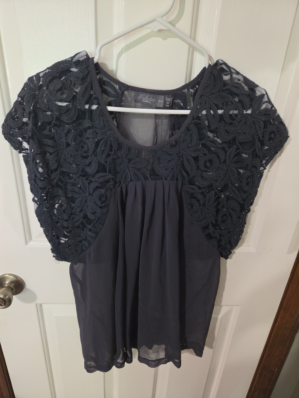 Crochet Lace Overlay Navy Blouse - Unknown Brand